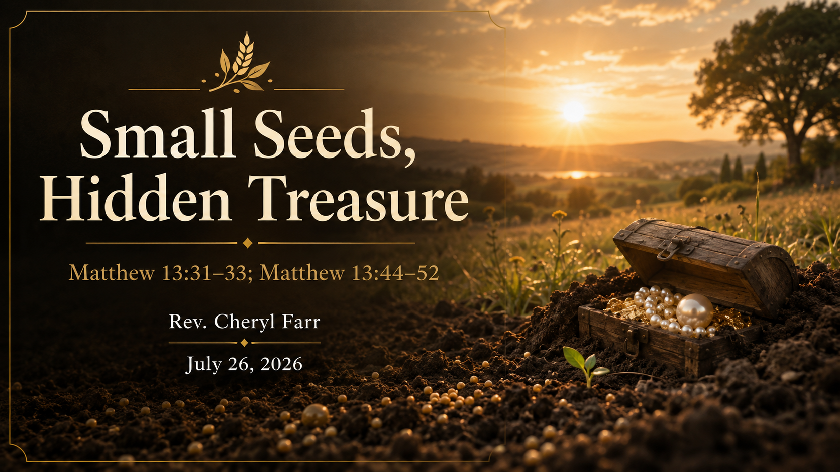 Small Seeds, Hidden Treasure title image showing small seeds in rich soil beside a hidden treasure chest at sunrise, symbolizing Matthew 13 and the kingdom of heaven.